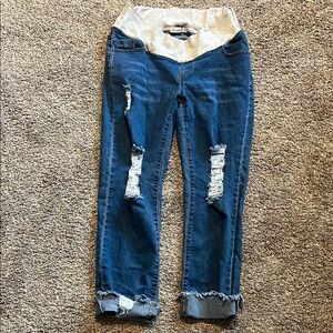 Maacie Women’s‎ Denim Blue Distressed Maternity Jeans Ankle Cropped Large